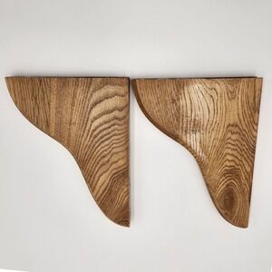 Set of 2 VTG Wood Shelf Brackets Corbel Satin Gloss Oak MCM Wave Pair Cottage